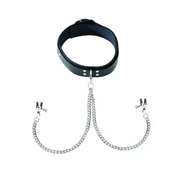 1.5" Inch Black Leather Collar With Nipple Clamps