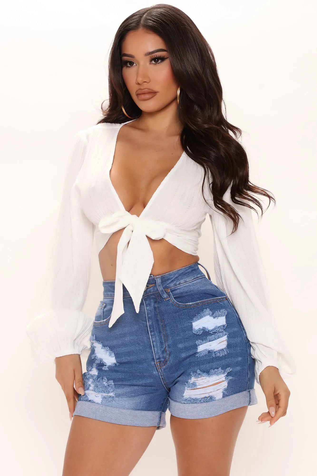 Abriana Tie Front Top - White