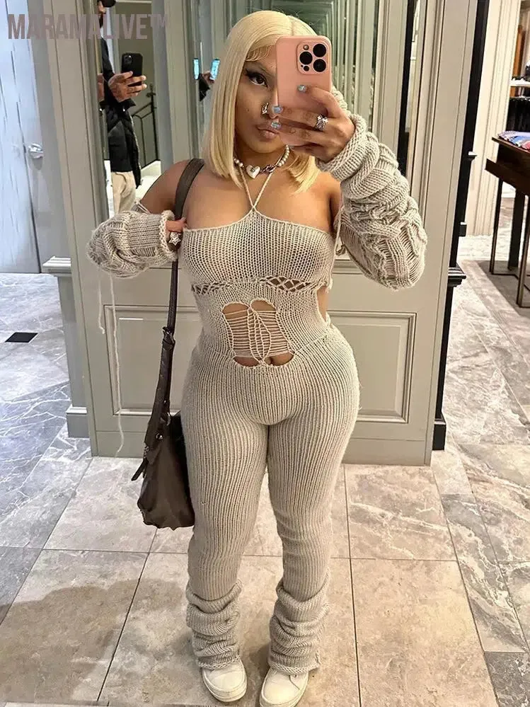 Autumn Lady Jumpsuit Sexy Knitted Halter Slash Neck Solid One Piece Attire Girl Lace Up Backless Stacked Pants Hot Overall