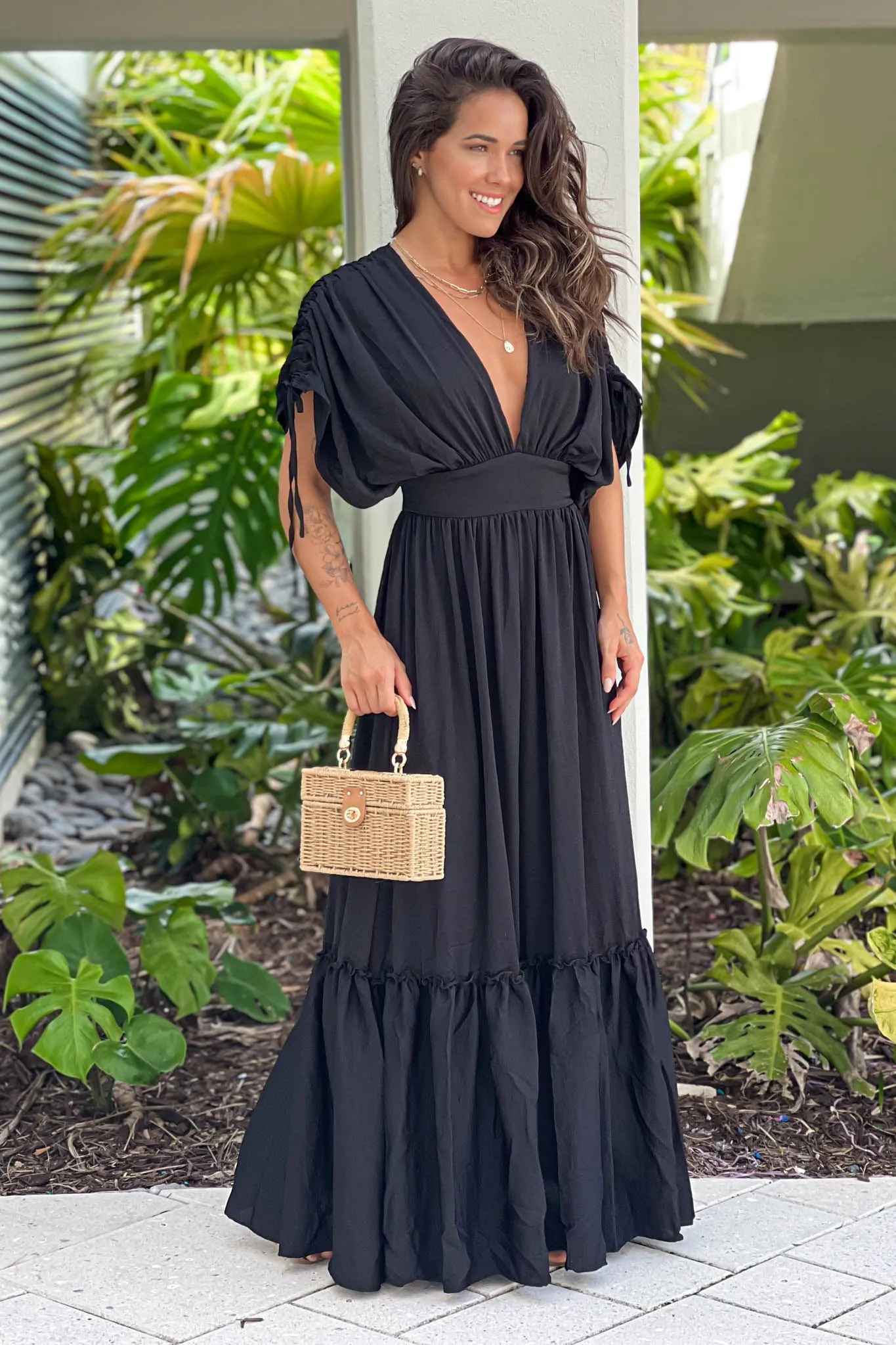 Black Deep V-Neck Maxi Dress