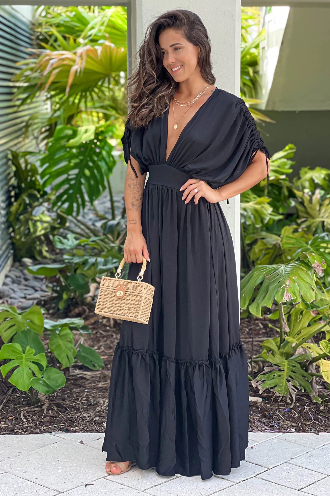 Black Deep V-Neck Maxi Dress