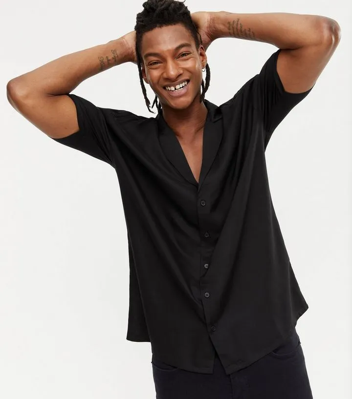 Black Deep V Neck Short Sleeve Shirt