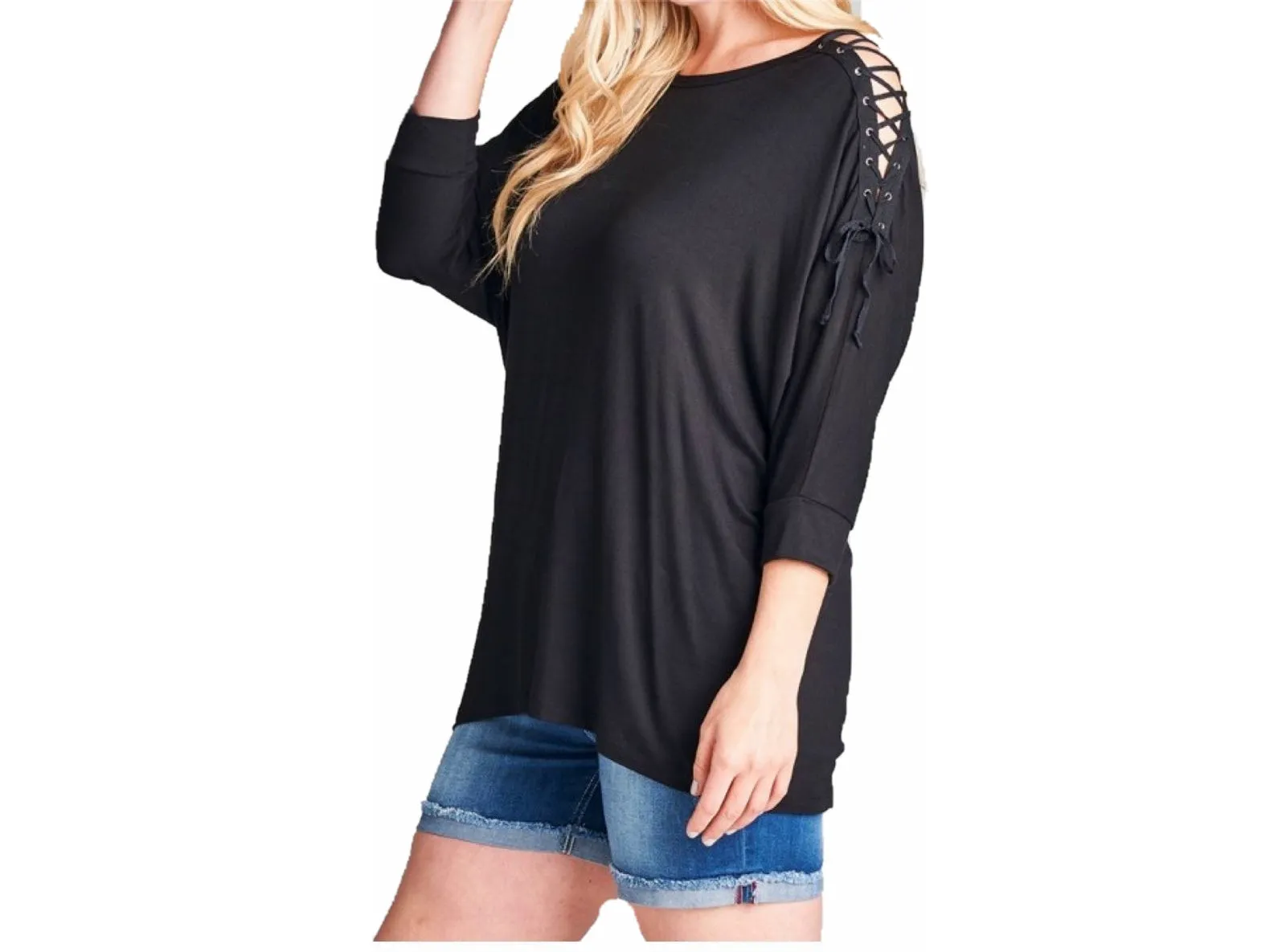 Black Plus Top Cold Shoulder Lace Up Tie Dolman 3/4 Sleeve Shirt Casual