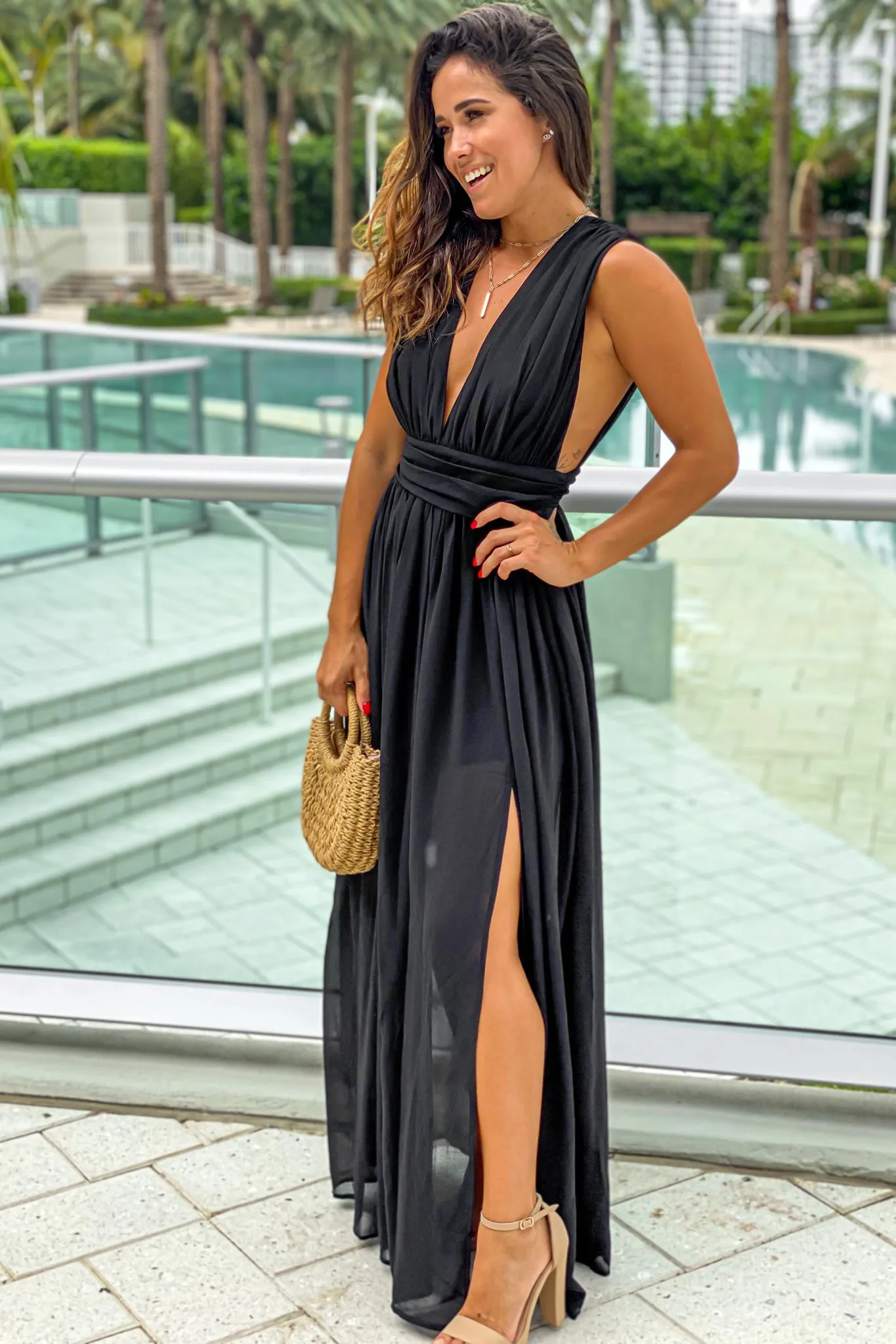 Black V-Neck Maxi Dress With Slit