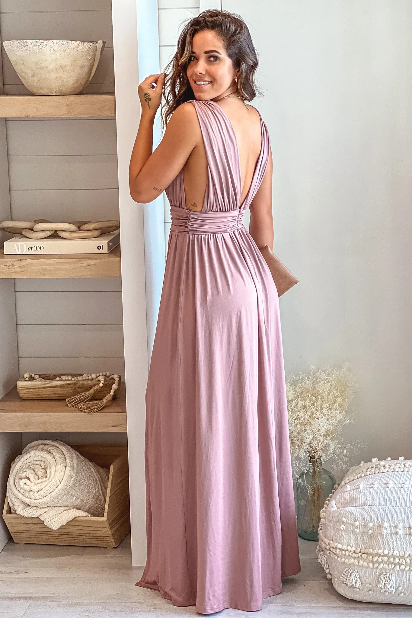 Blush V-Neck Maxi Dress With Slit