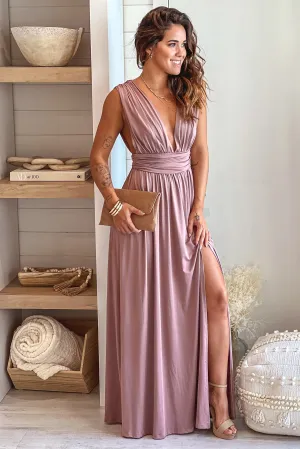 Blush V-Neck Maxi Dress With Slit