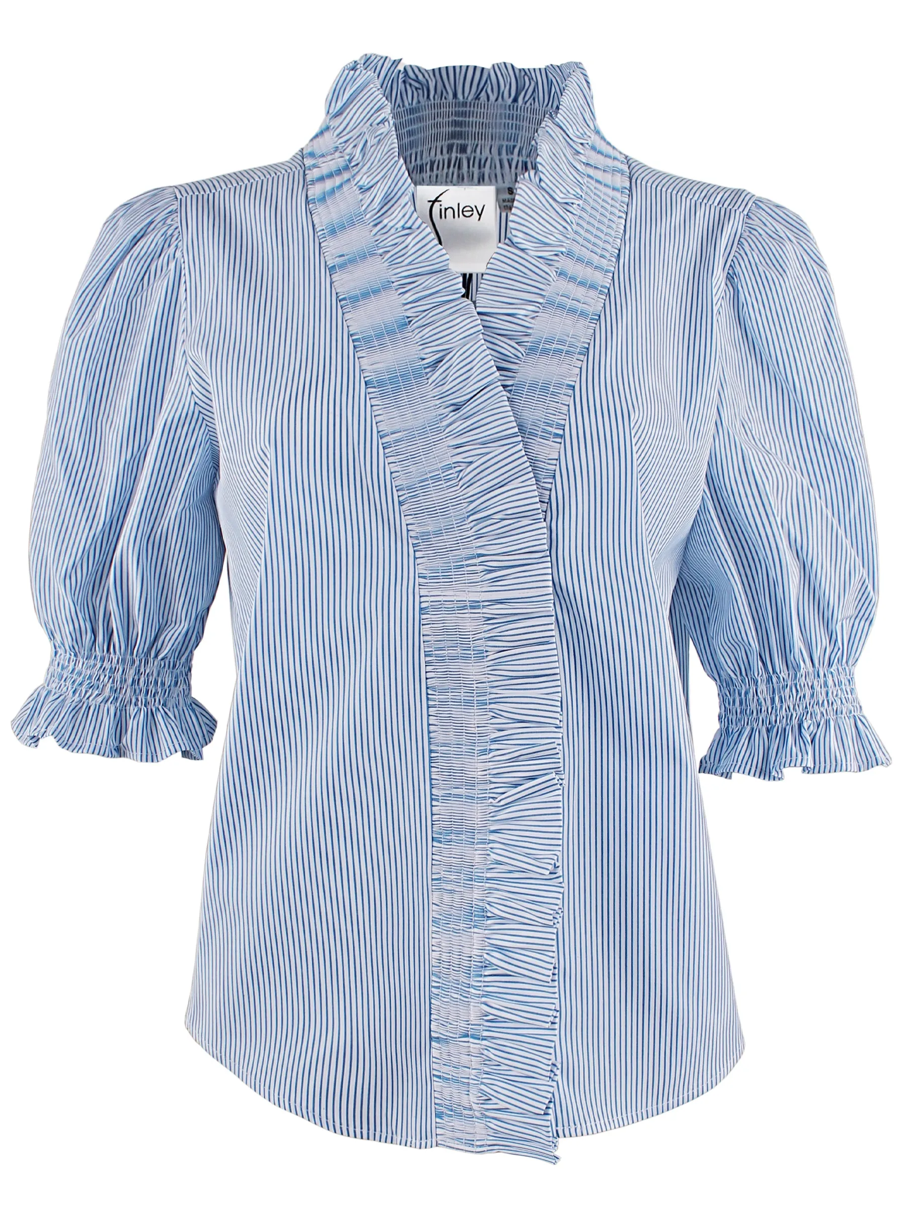 Cici Shirt with Ruffle Collar & Sleeve, Turquoise & White Stripe - Web Exclusive