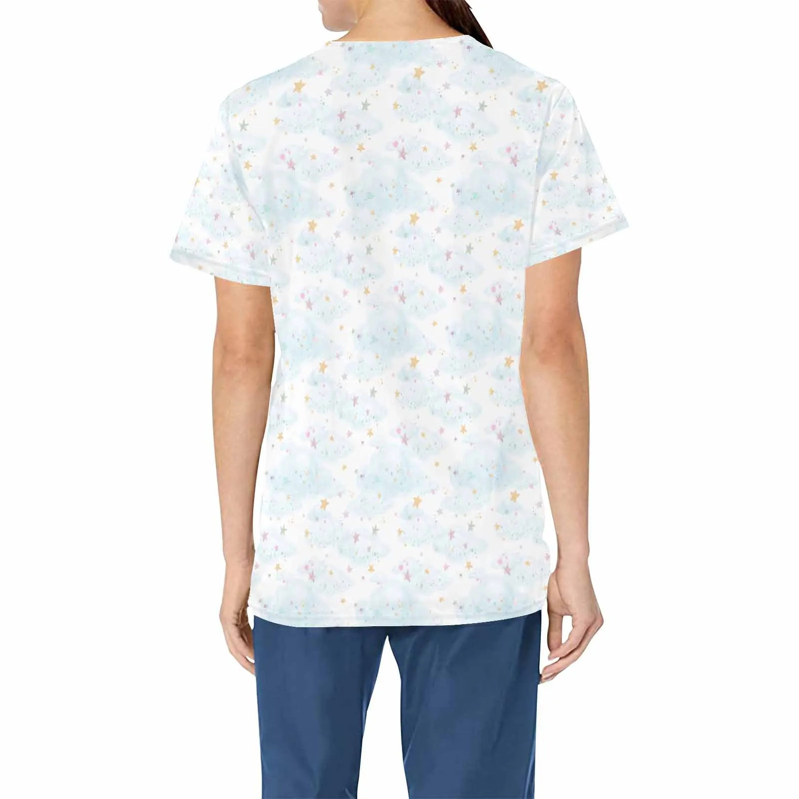 Cloud Stars   Women's V Neck Scrub Top Nurse Uniform with Deep Front Pockets