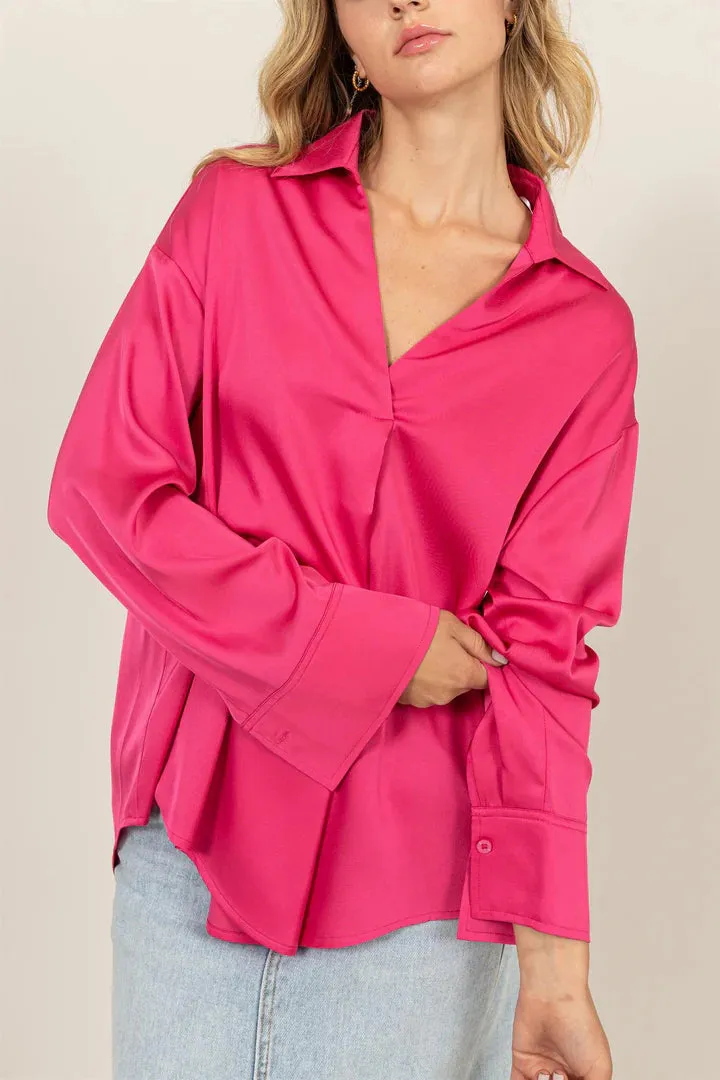 Collared V-Neck Satin Blouse