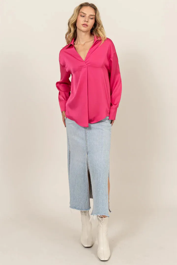 Collared V-Neck Satin Blouse