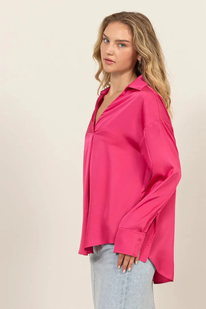 Collared V-Neck Satin Blouse