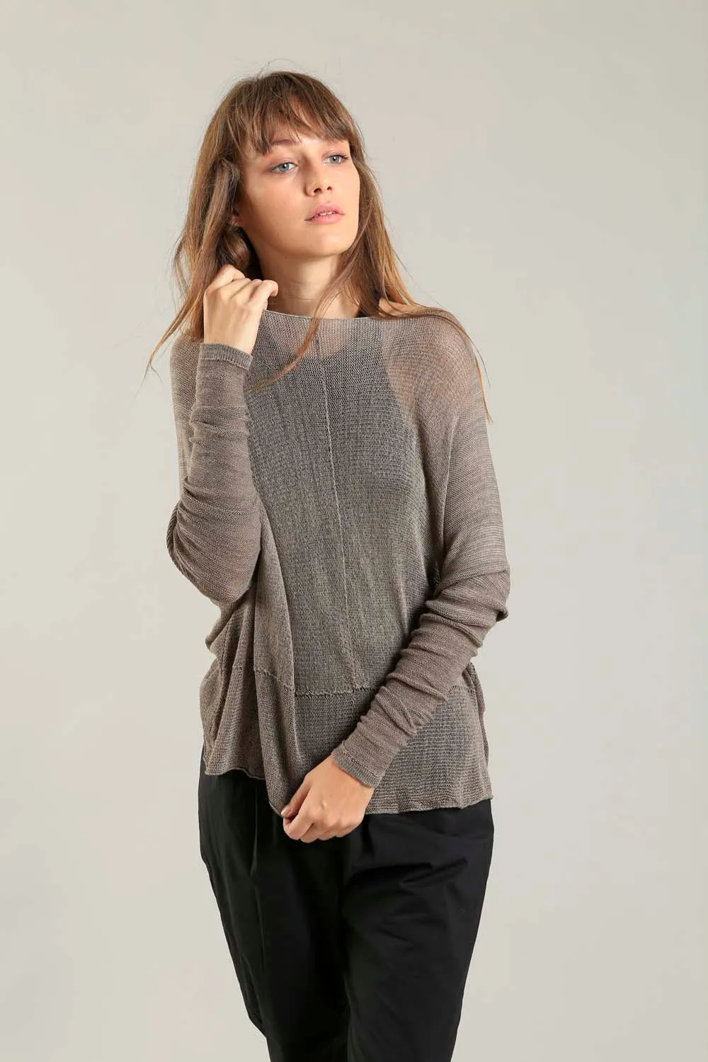 Dark Taupe boat neck Oversize Bamboo knitted shirt with Long Sleeves