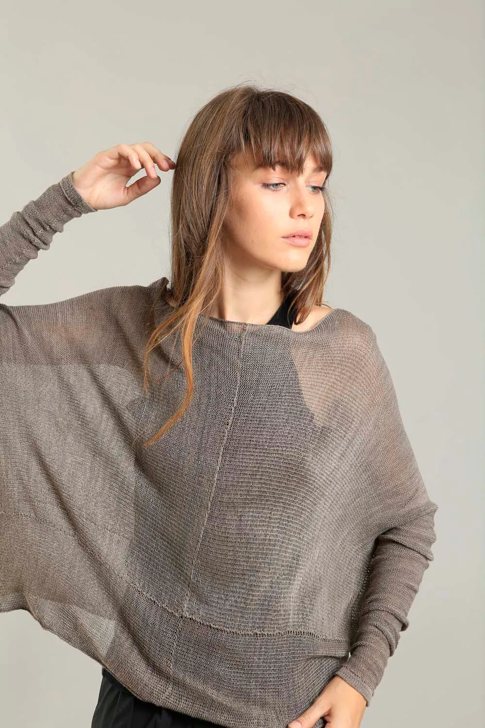 Dark Taupe boat neck Oversize Bamboo knitted shirt with Long Sleeves