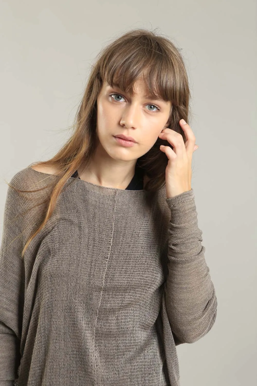 Dark Taupe boat neck Oversize Bamboo knitted shirt with Long Sleeves