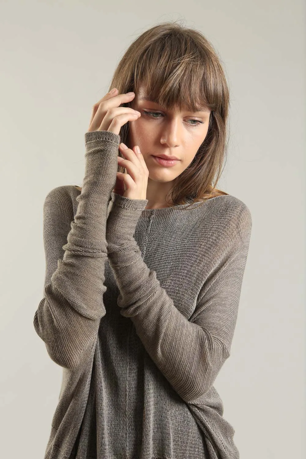 Dark Taupe boat neck Oversize Bamboo knitted shirt with Long Sleeves