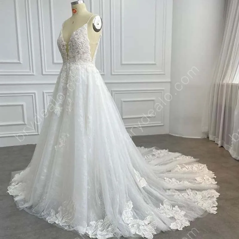 Deep V-neck Beaded Lace Thin Straps Wholesale A-line Bridal Dress