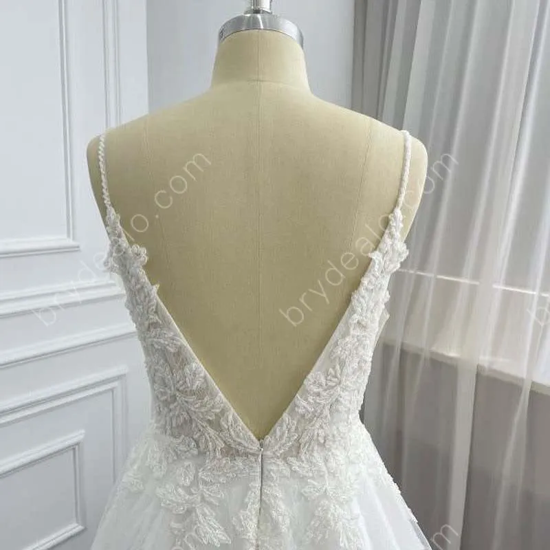 Deep V-neck Beaded Lace Thin Straps Wholesale A-line Bridal Dress