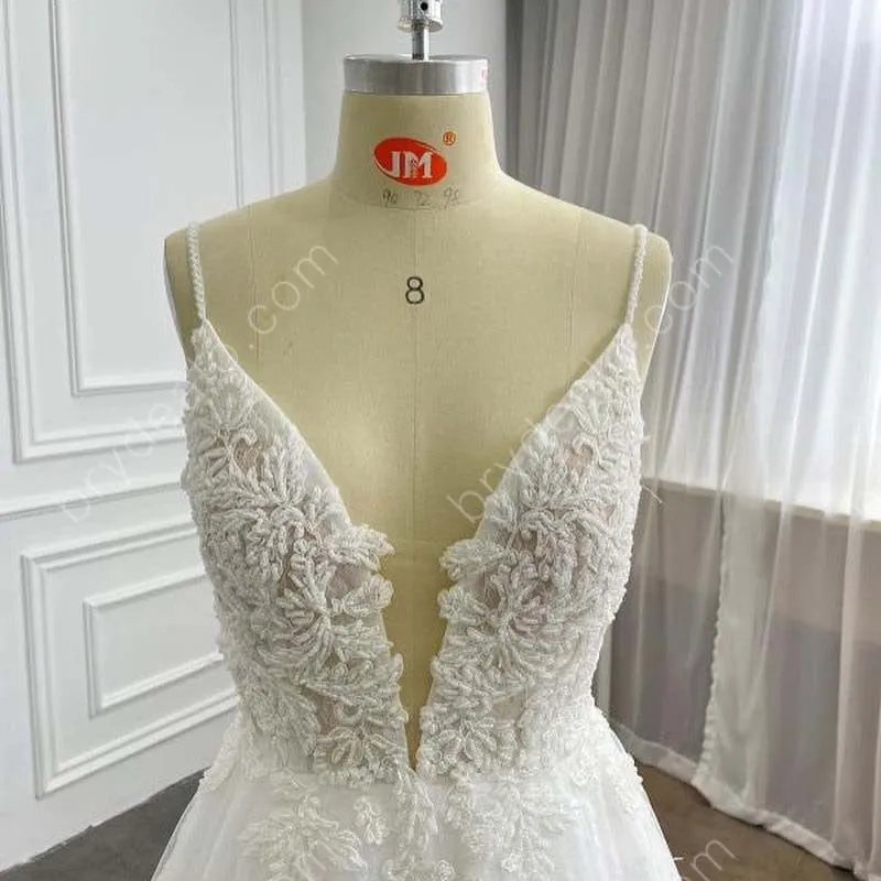 Deep V-neck Beaded Lace Thin Straps Wholesale A-line Bridal Dress