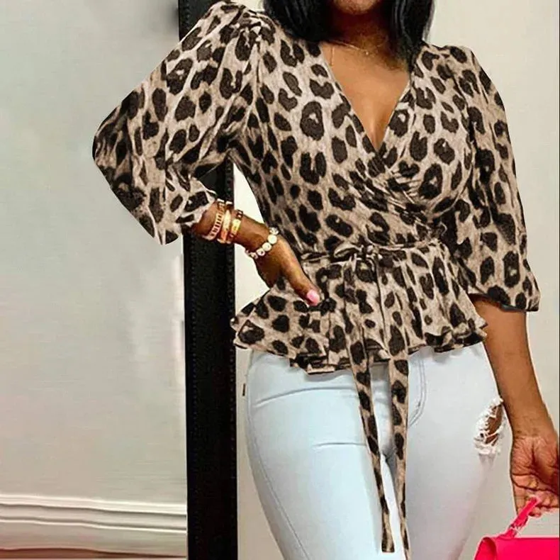 Deep V-Neck Leopard Print Wrapped Top