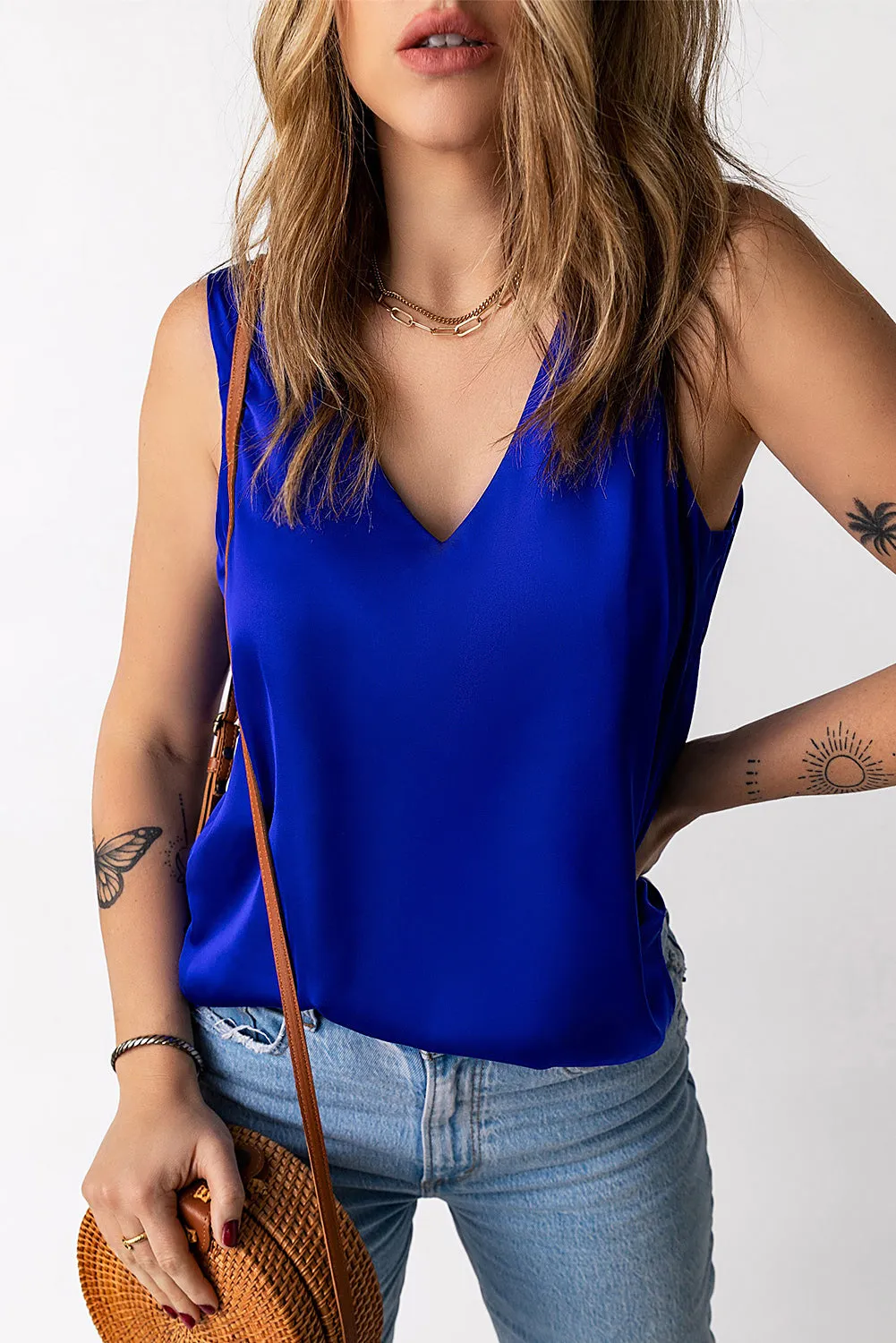 Deep V Neck Loose Tank Top Loose Sleeveless T Shirt Blouse