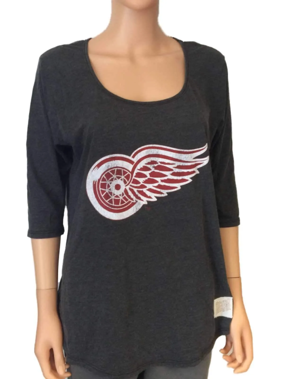 Detroit Red Wings Retro Brand Women Gray 3/4 Sleeve Scoop Boyfriend T-Shirt