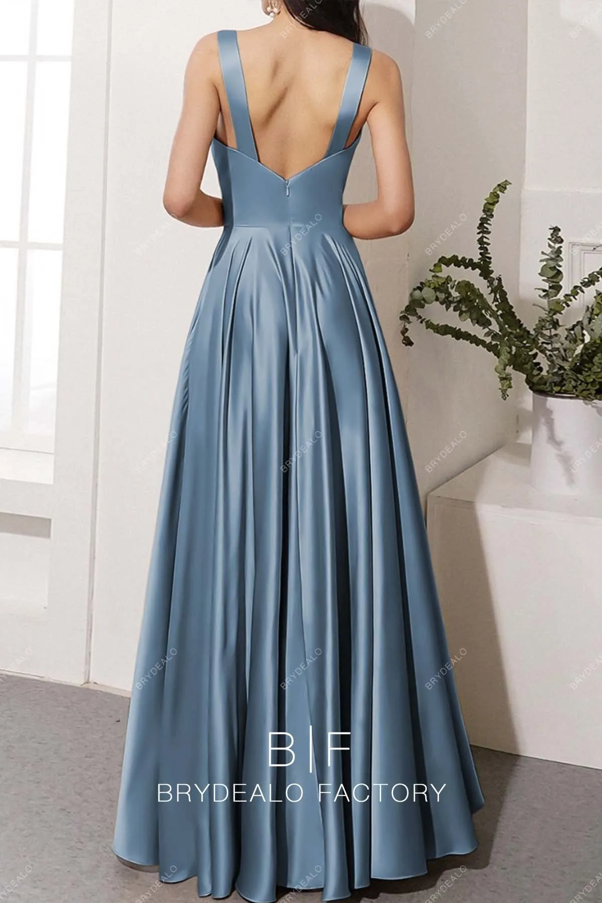 Dusty Blue Plunging Neck Empire Slit Charmeuse Bridesmaid Dress