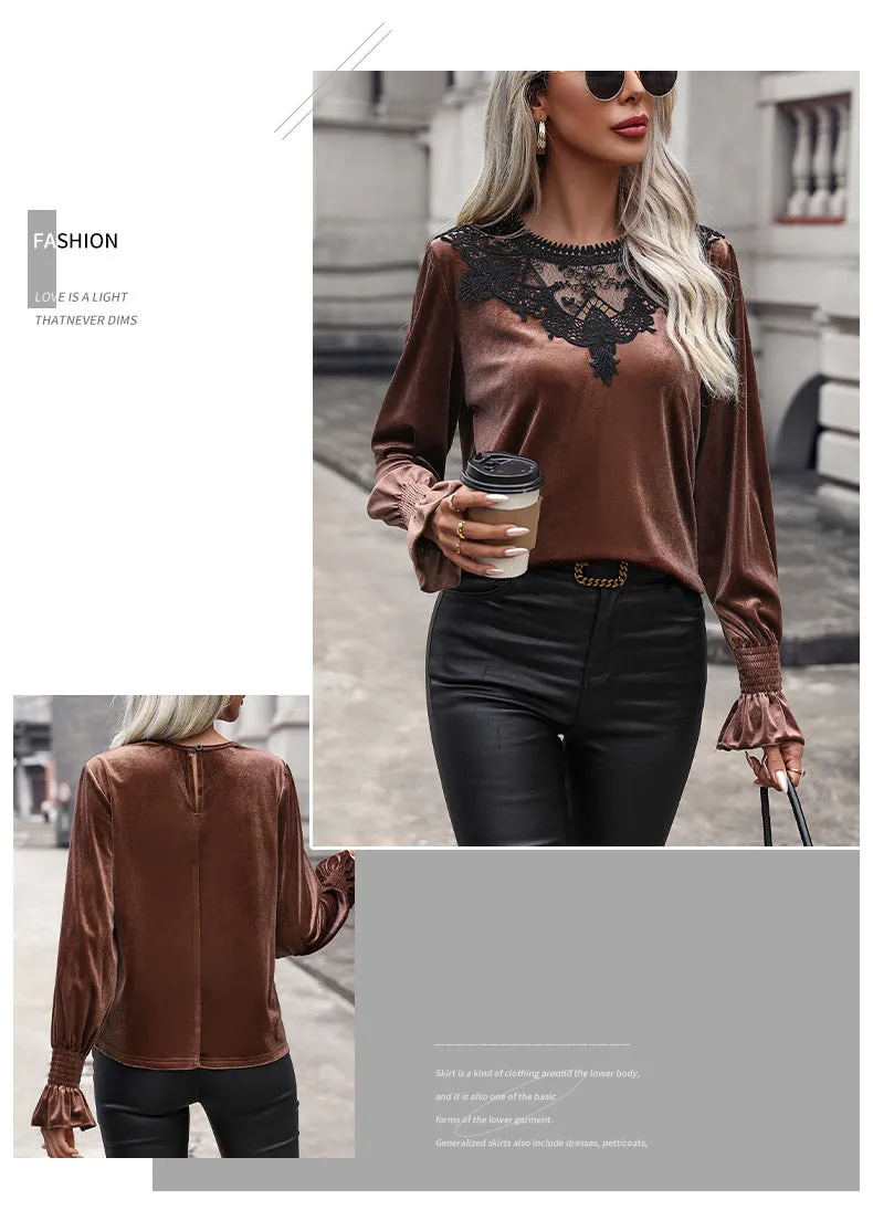 Elegant Velvet T-shirt Lace Stitching Smocking Loose Long Sleeve Top