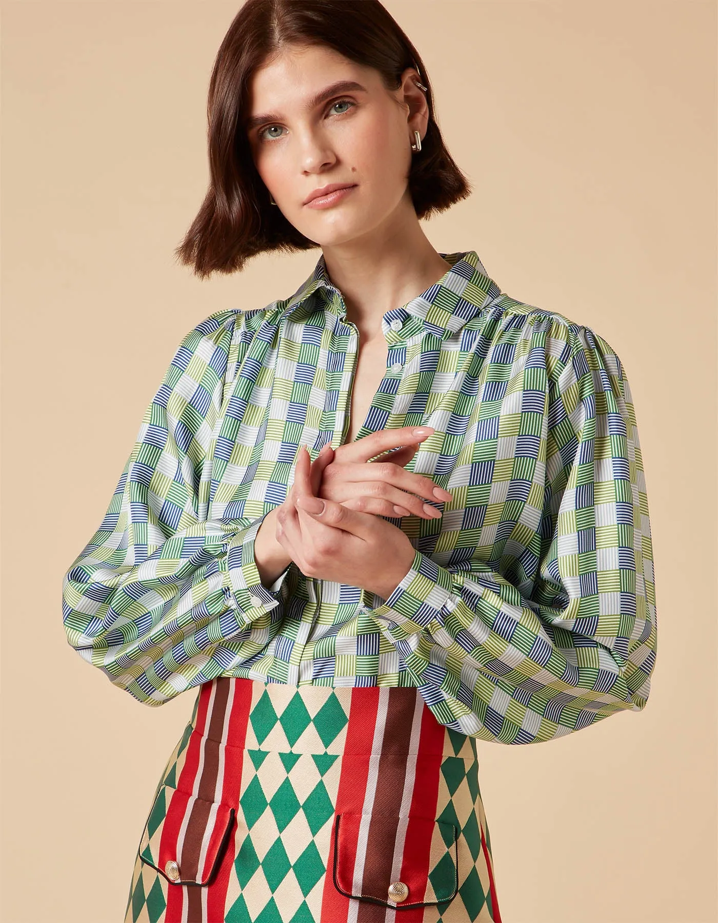 Eliza Green Hopscotch Print Silk Twill Shirt