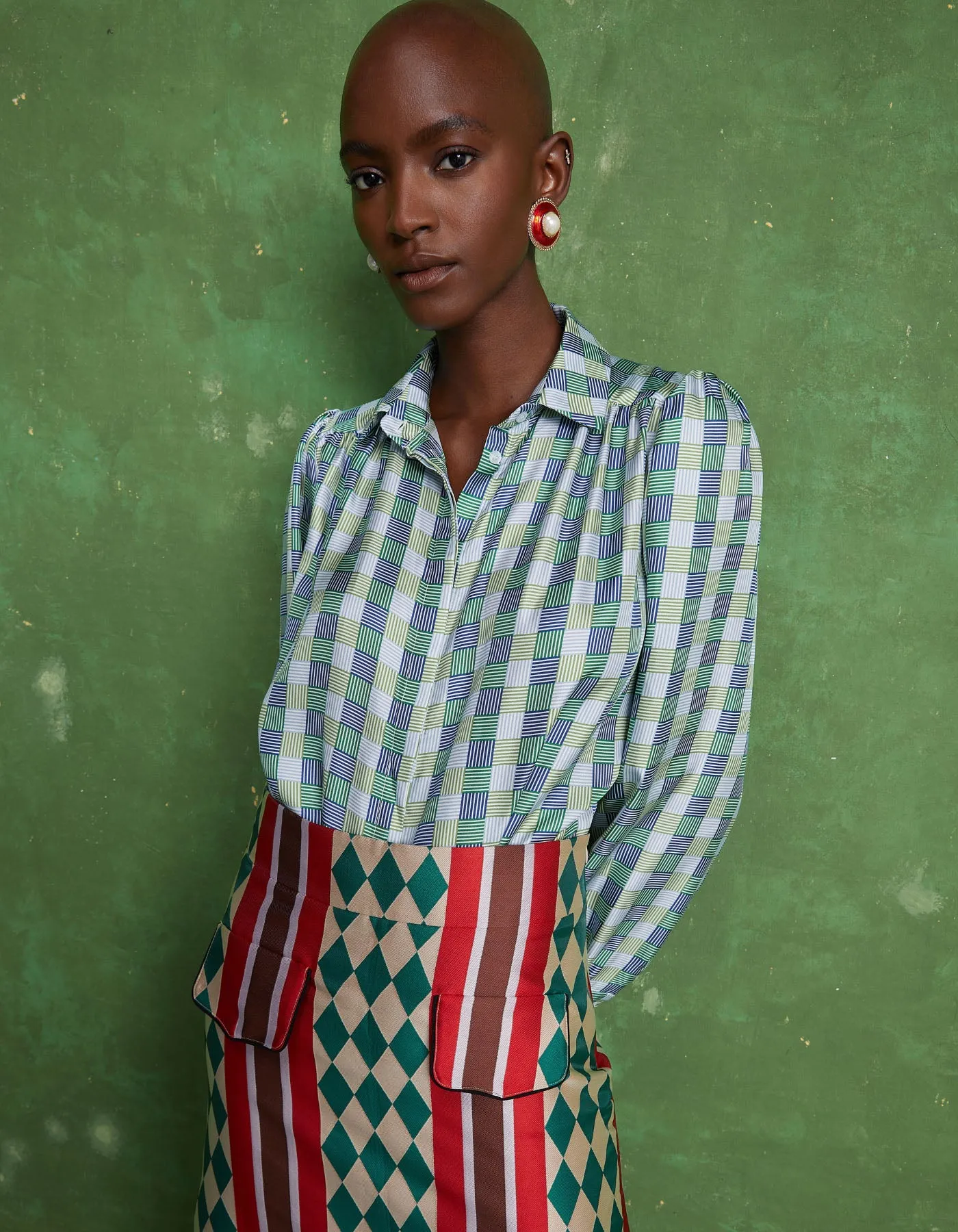 Eliza Green Hopscotch Print Silk Twill Shirt