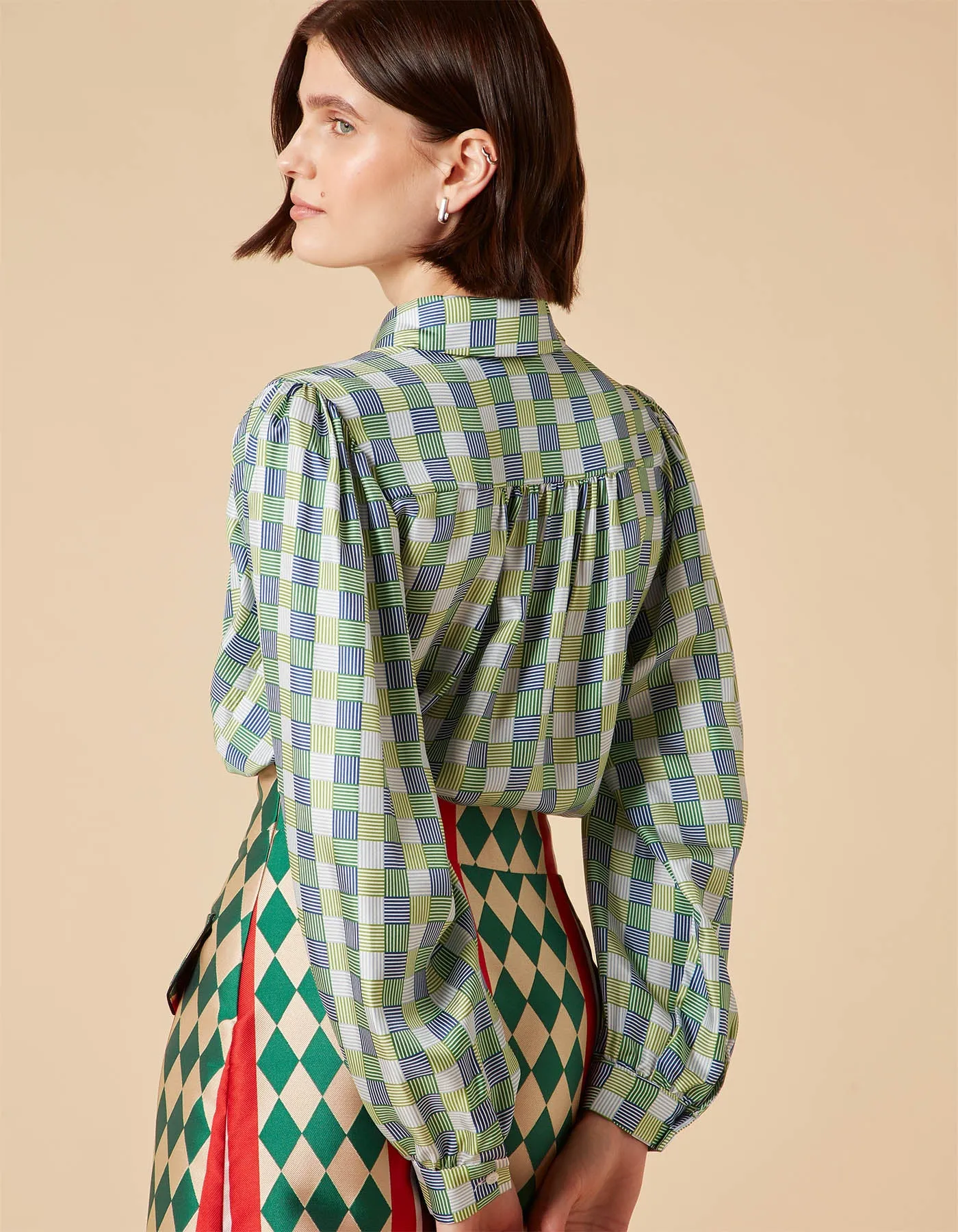 Eliza Green Hopscotch Print Silk Twill Shirt