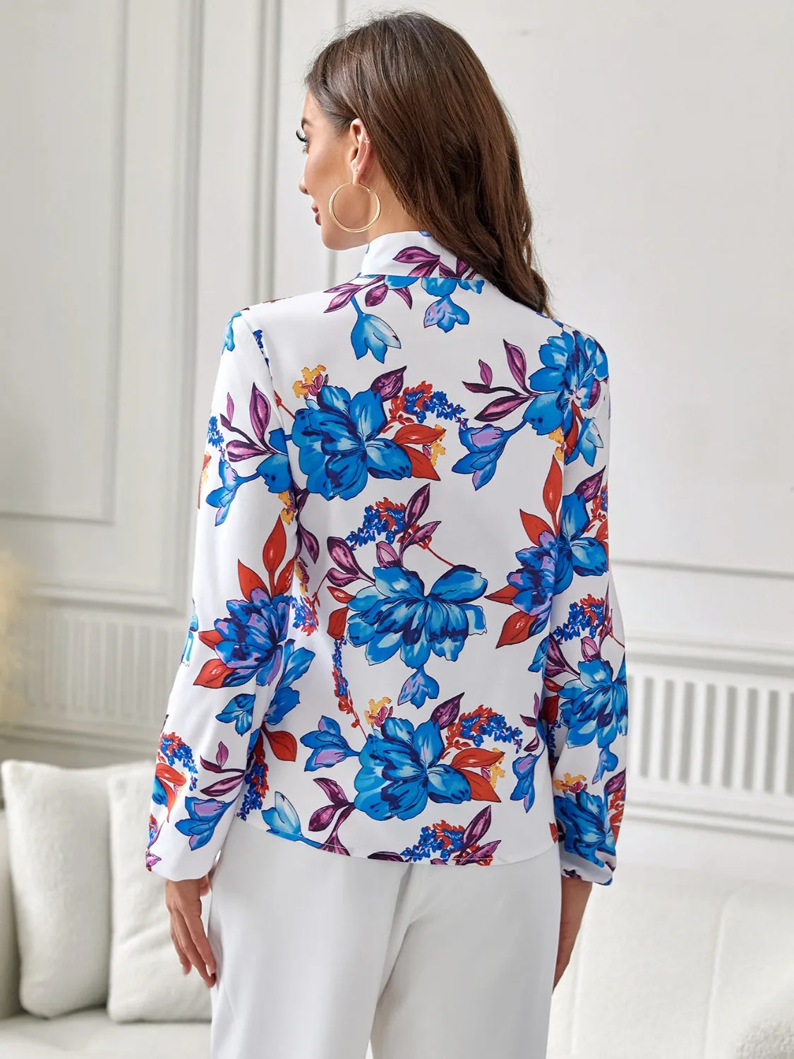 Floral Tie Neck Long Sleeve Blouse