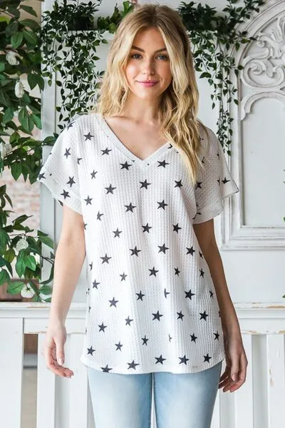 Full Size Star Print Short Sleeve V-Neck Waffle Knit T-Shirt