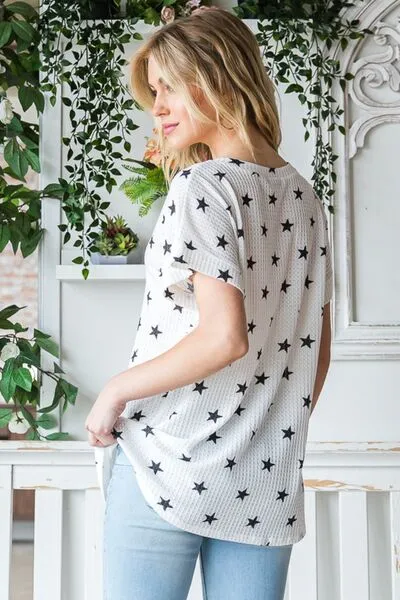 Full Size Star Print Short Sleeve V-Neck Waffle Knit T-Shirt