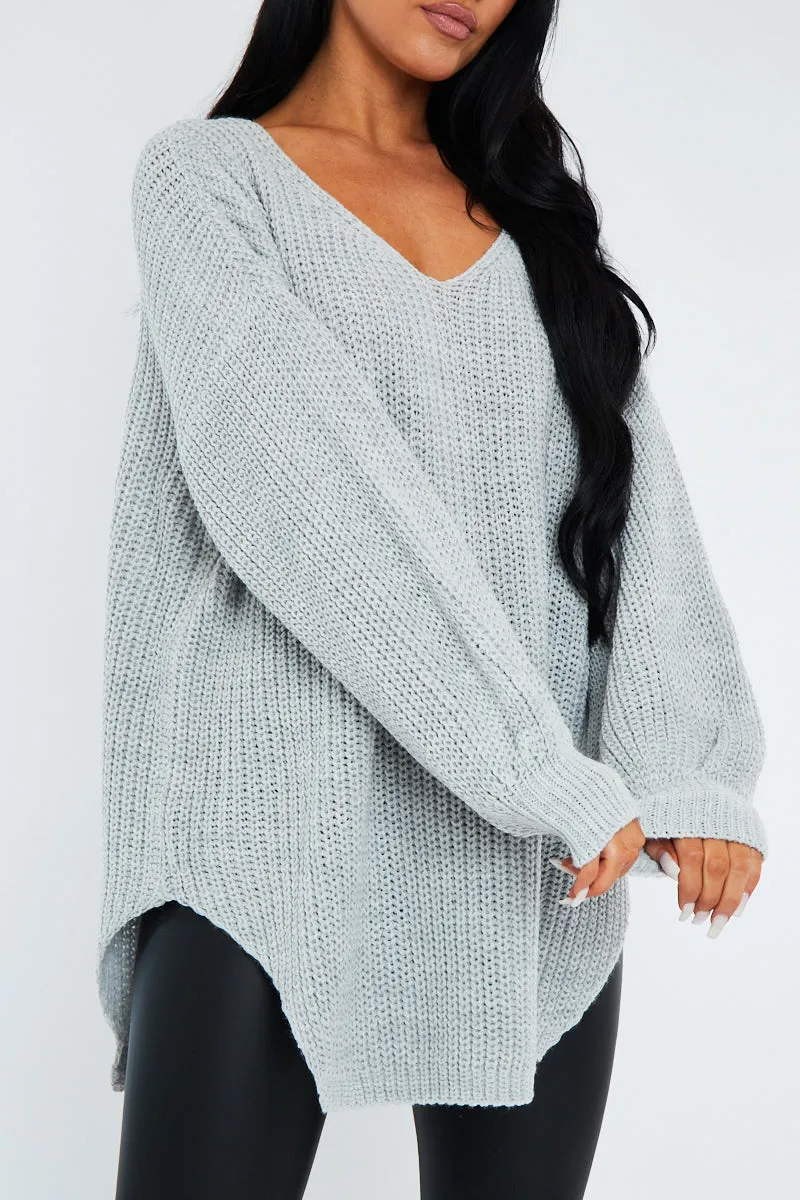 Grey Oversized Knit V Neck Sweater - Evelyn