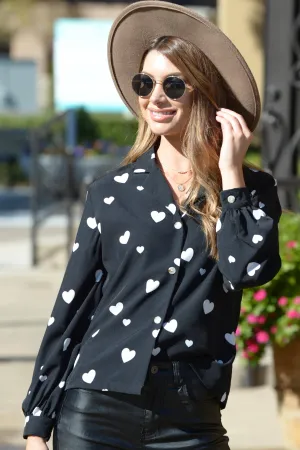 Heart Print Black Long-sleeved Woven Shirt