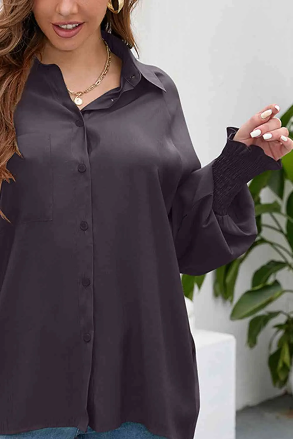 High-Low Collared Neck Lantern Sleeve Shirt