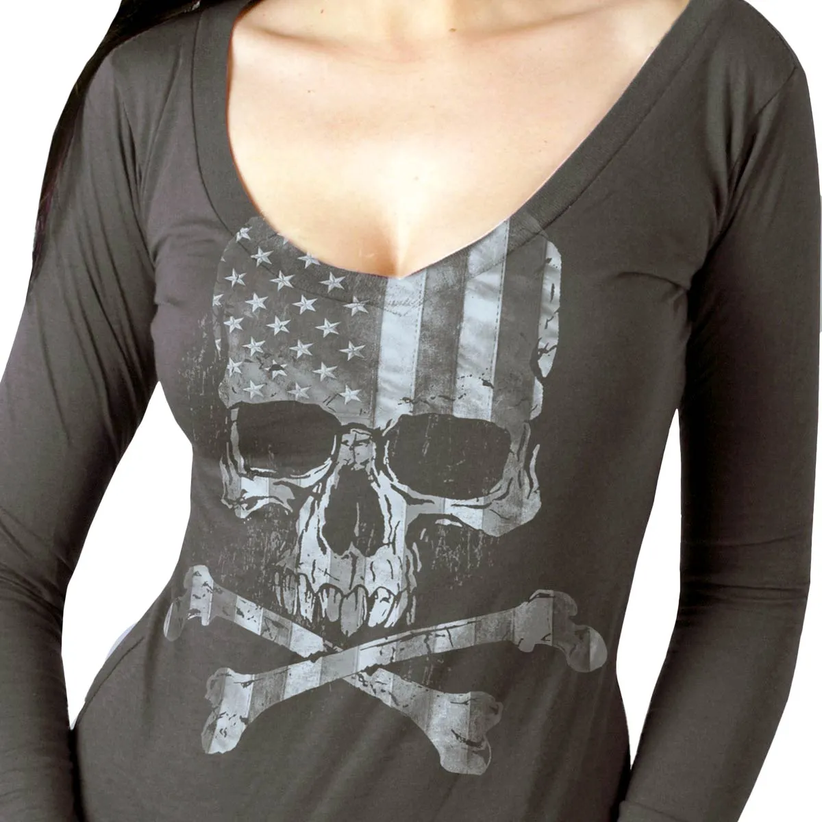 Hot Leathers GLC3495 Flag Skull Ladies Smoke Color Long Sleeve Shirt