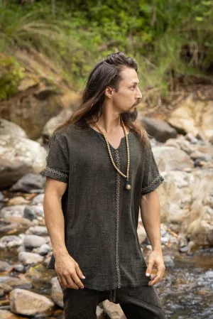 IKRAN Black Mens Cotton T Shirt Top Stone Washed Naturally Dyed Tribal Pattern Open V Neck Breathable Festival Ceremony Ritual Shaman AJJAYA