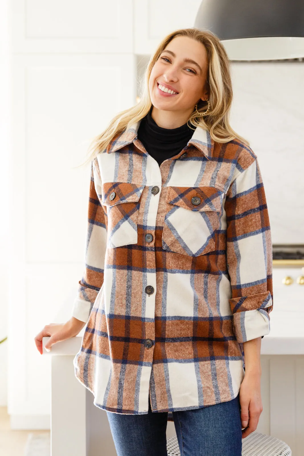 Jayne Brushed Plaid Button Down Shacket In Brown