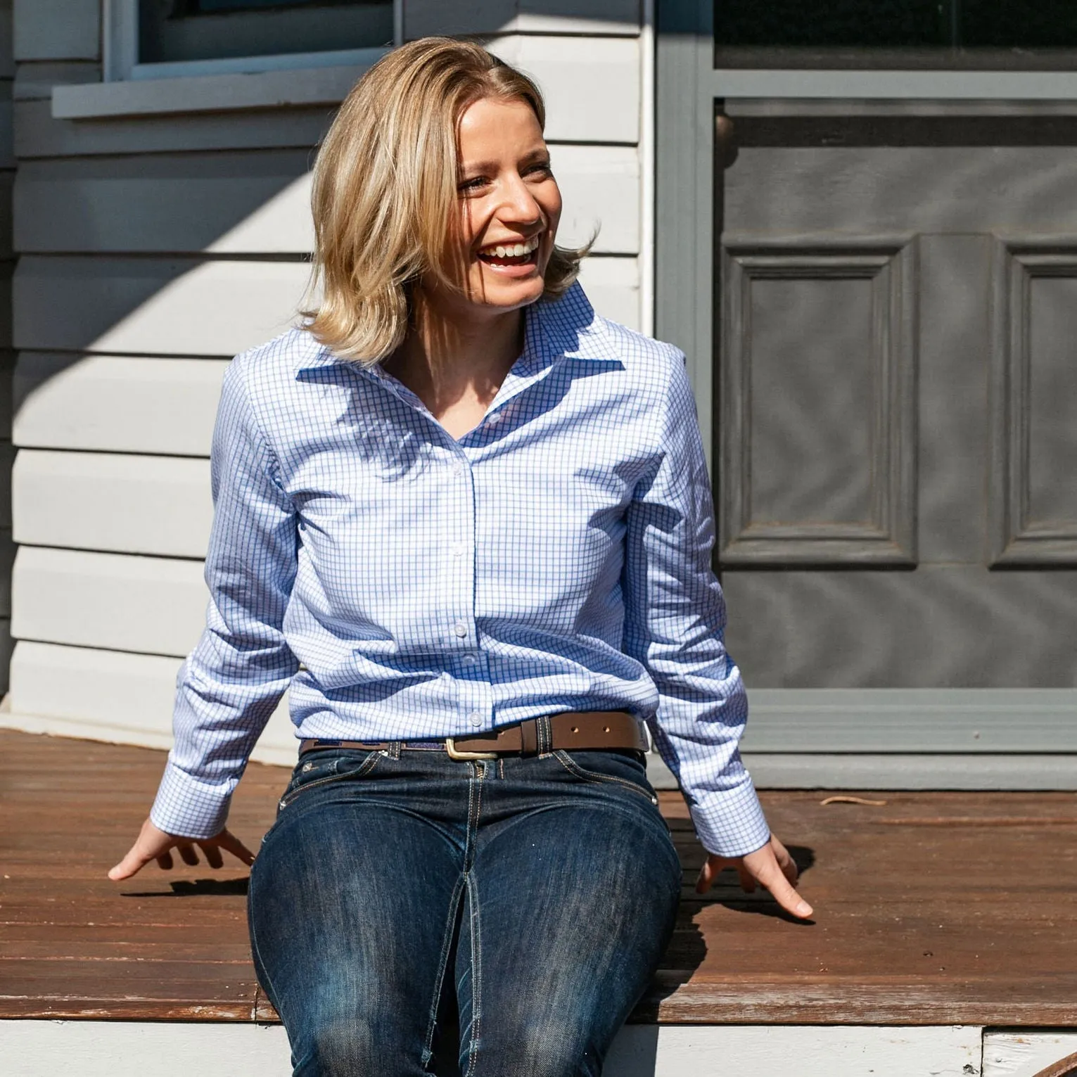 Ladies Coco Fine Blue Check Relaxed Fit Shirt