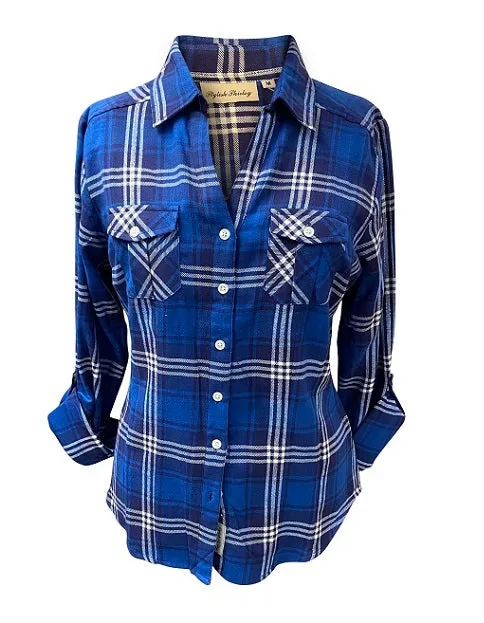 Ladies Long Sleeves, Roll Tab, Flannel Shirt. Blue/White with silver lurex Style 52961