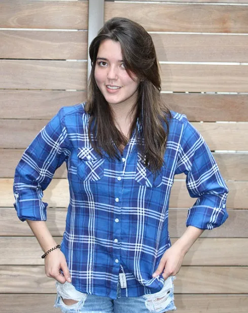 Ladies Long Sleeves, Roll Tab, Flannel Shirt. Blue/White with silver lurex Style 52961