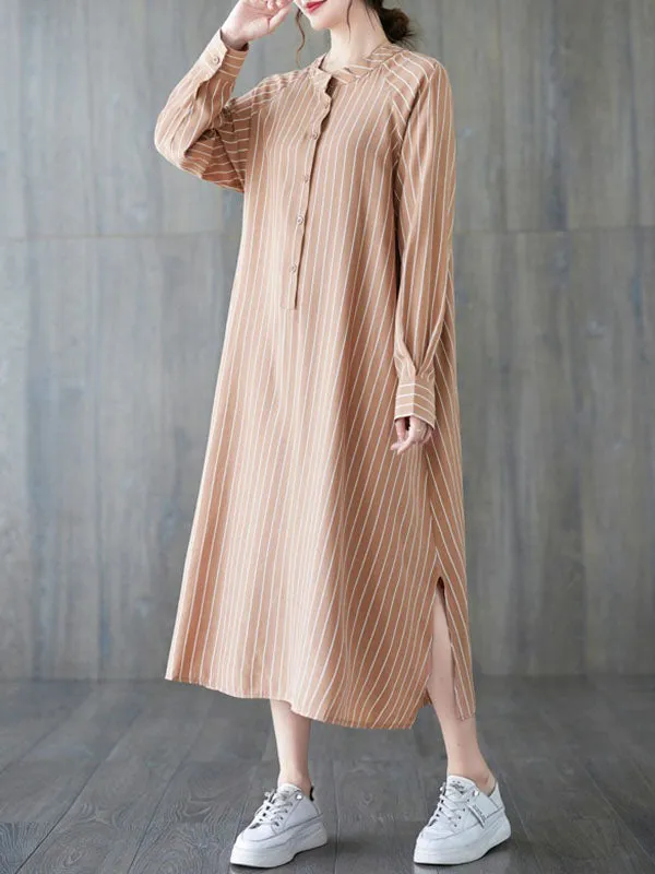 Long Sleeves Loose Buttoned Split-Side Striped Round-Neck Midi Dresses Shirt Dress