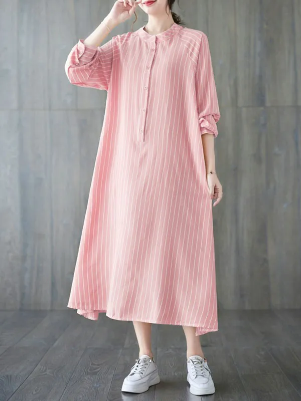 Long Sleeves Loose Buttoned Split-Side Striped Round-Neck Midi Dresses Shirt Dress