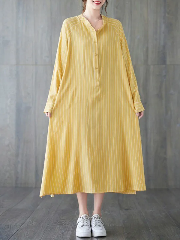 Long Sleeves Loose Buttoned Split-Side Striped Round-Neck Midi Dresses Shirt Dress