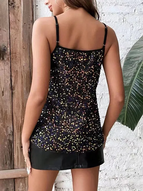 Loose Sleeveless Sequined Deep V-Neck Vest Top