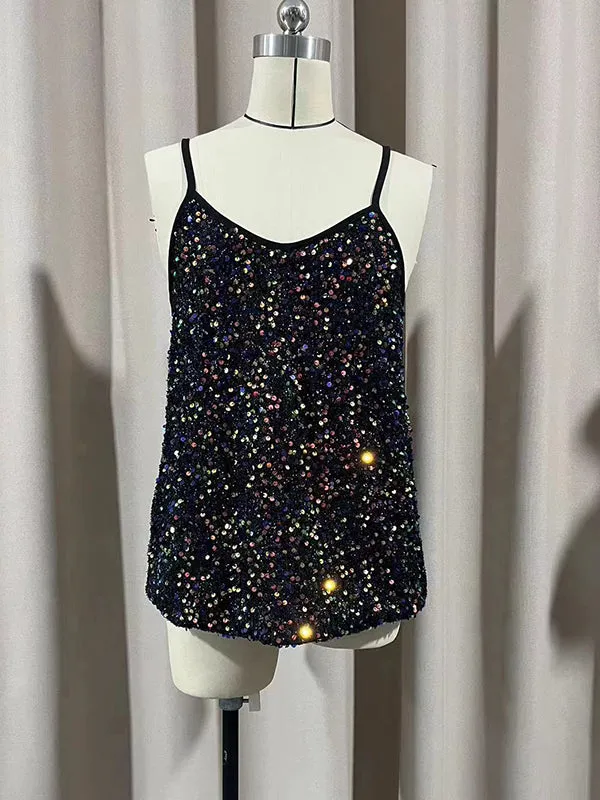 Loose Sleeveless Sequined Deep V-Neck Vest Top