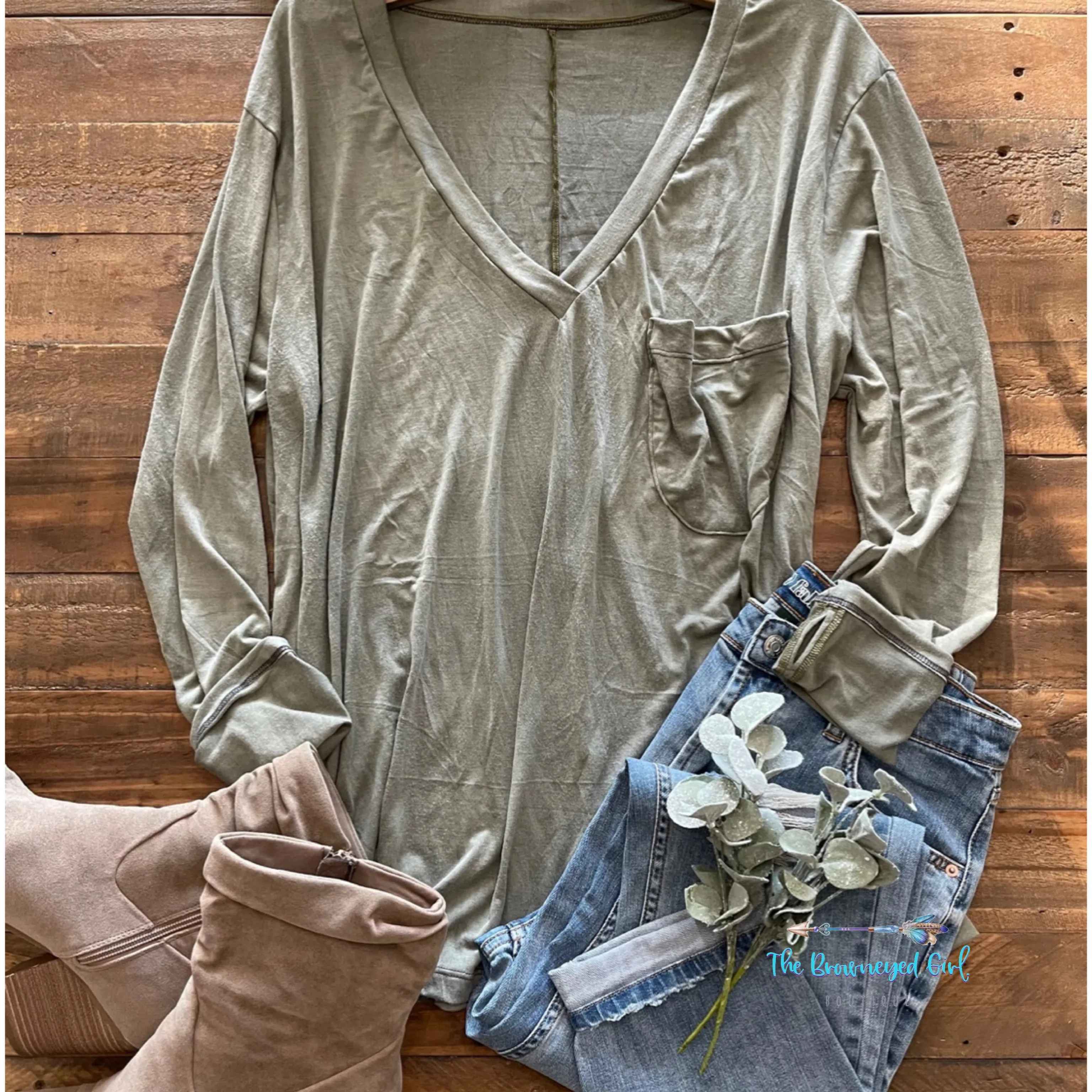 Marley Deep V-neck  Distressed Long Sleeve