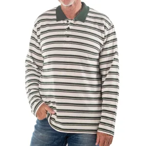 Men's Long Sleeve Dark Green Striped Cotton Traders Polo Shirt