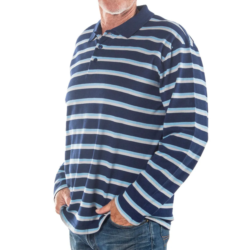 Men's Long Sleeve Navy Striped Cotton Traders Polo Shirt